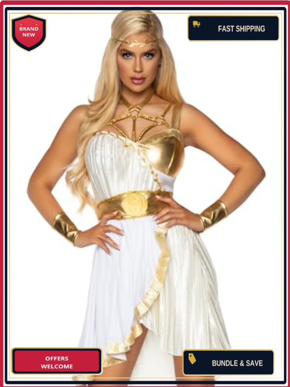Grecian Goddess Costume Set Halter Dress Belt Headband Arm Cuffs